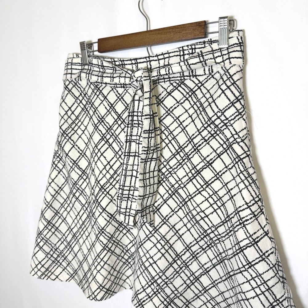 Merona Women White Black Dotted Plaid Linen A-Line Belted Skirt Size 4 F511